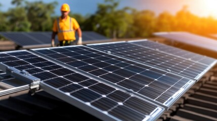 Worker installing solar panels on a rooftop in sunlight.