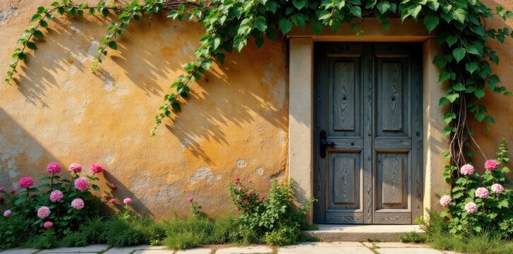 Described scene of old wooden door with vines and flowers, in rustic frame against a warm stone background, vines, wood, rustic