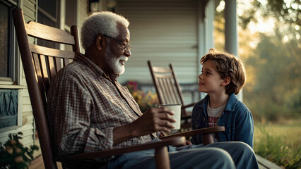 An elderly Black man and his young Caucasian neighbor sitting together on a porch in the Southern U.S., sharing a cup of tea