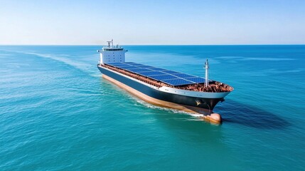 Fototapeta premium Cargo ship navigating through clear blue waters.