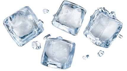 Obraz premium Four weightless crystalline ice cubes artfully arranged against a clean white background capturing the natural beauty and simplicity of this essential element
