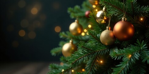 Dense cluster of fir tree branches with golden ornaments and sparkling lights in a darkened room, fir, holiday, home