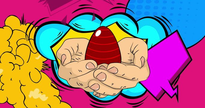 Cartoon, comic book human hands holding Easter Egg. Retro video, comics pop art animation.
