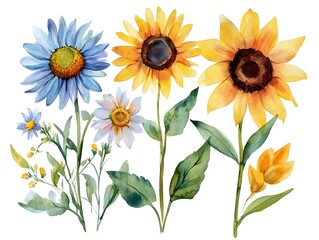Watercolor Sunflowers  Daisies    Wildflowers