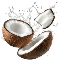 Freshly cut and split coconuts with water splashing against a clean white transparent background showcasing the tropical fruit s natural texture and juicy interior