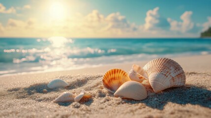 Obraz premium Close-Up of Seashells on a Sandy Beach with a Stunning Ocean View and Bright Sunlight