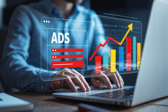 Digital Advertising Strategy (ADS) with Analytics, Growth, and Performance Metrics on Laptop