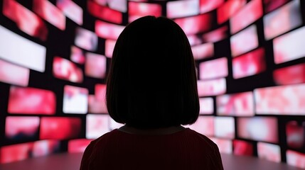 A silhouette of a person facing numerous screens displaying abstract colors, suggesting themes of technology and media overload.