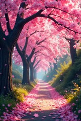 Delicate pink sakura petals cascade down a tranquil forest path lined with blooming trees and autumn leaves, flowers, pastel, abstract