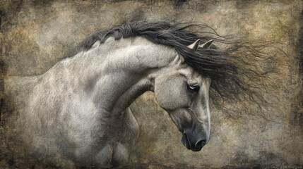 Fototapeta premium A close-up of a horse's head, wind blowing through its flowing mane, eyes closed in a moment of quiet strength