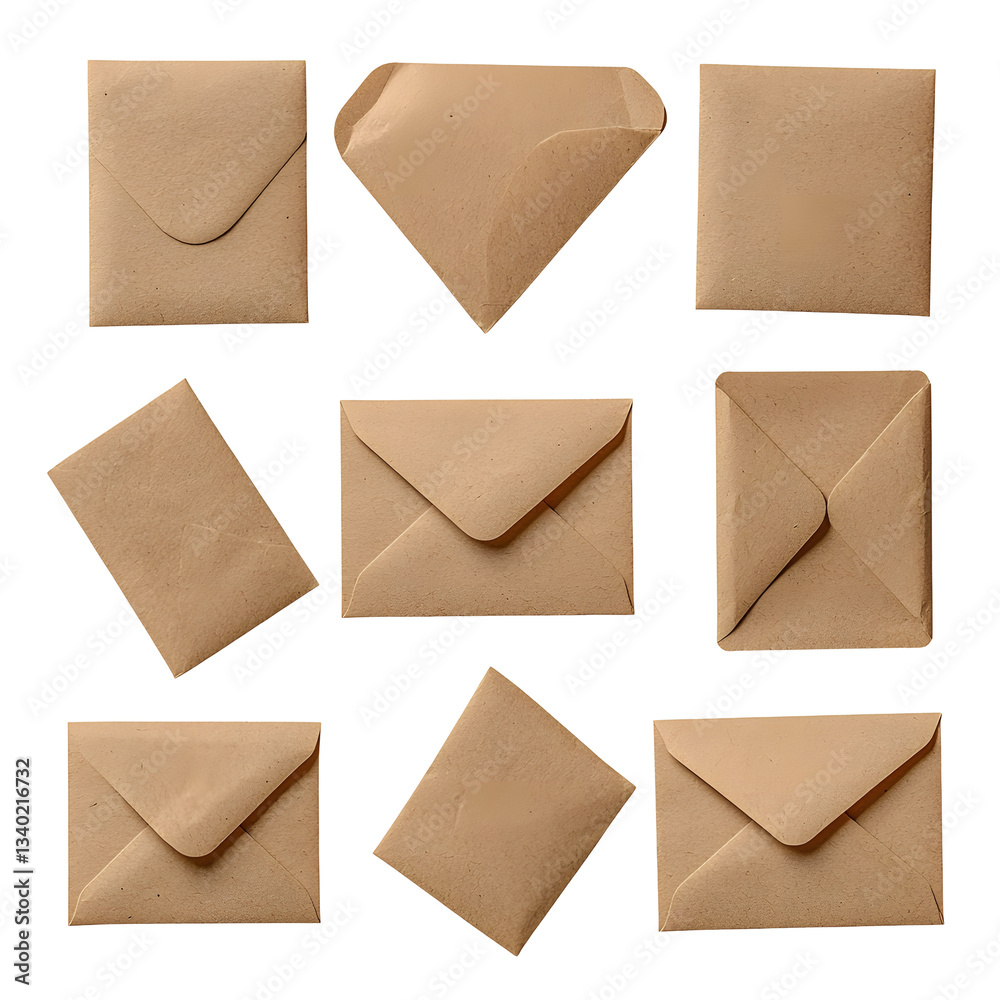 Poster A collection of brown kraft paper envelopes in different states including sealed open and one containing a blank sheet of paper displayed against a clean transparent background