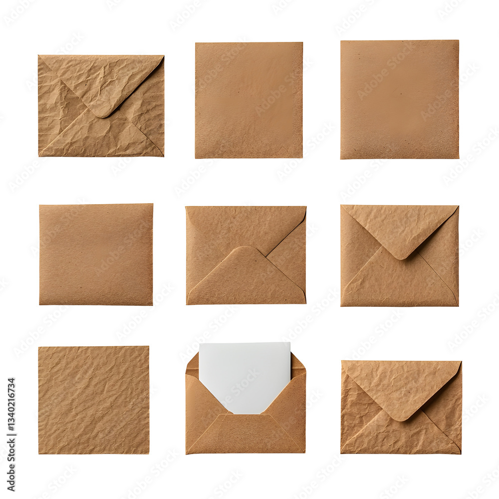 Fototapete a collection of brown textured paper envelopes in different states sealed open and one containing a 