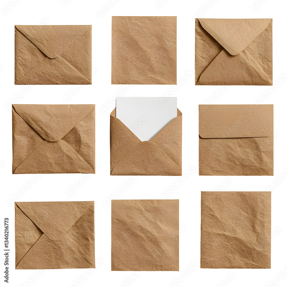 Aufkleber A collection of plain brown paper envelopes in various states including sealed open and one containing a blank paper isolated on a white transparent background