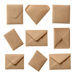 A collection of brown kraft paper envelopes in different states including sealed open and one containing a blank sheet of paper displayed against a clean transparent background