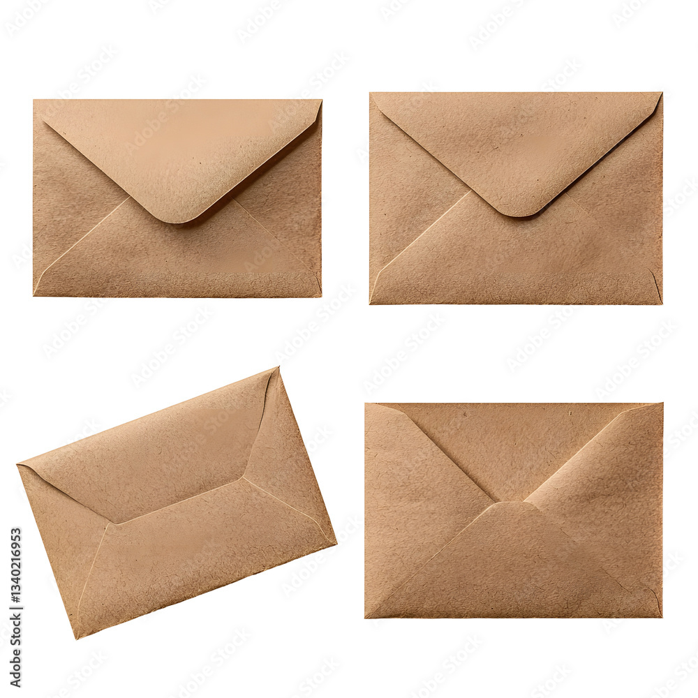 Aufkleber A collection of brown paper envelopes including a sealed one an open one with a visible blank sheet inside floating on a white transparent background