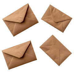 brown paper envelopes including a sealed one an open one and one with a visible blank sheet inside floating on a white transparent background