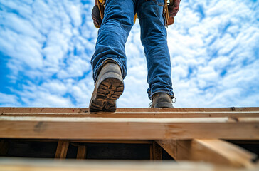 Construction Worker Standing on Wooden Framework Wearing Safety Gear Against a Blue Sky with Clouds in an Outdoor Setting