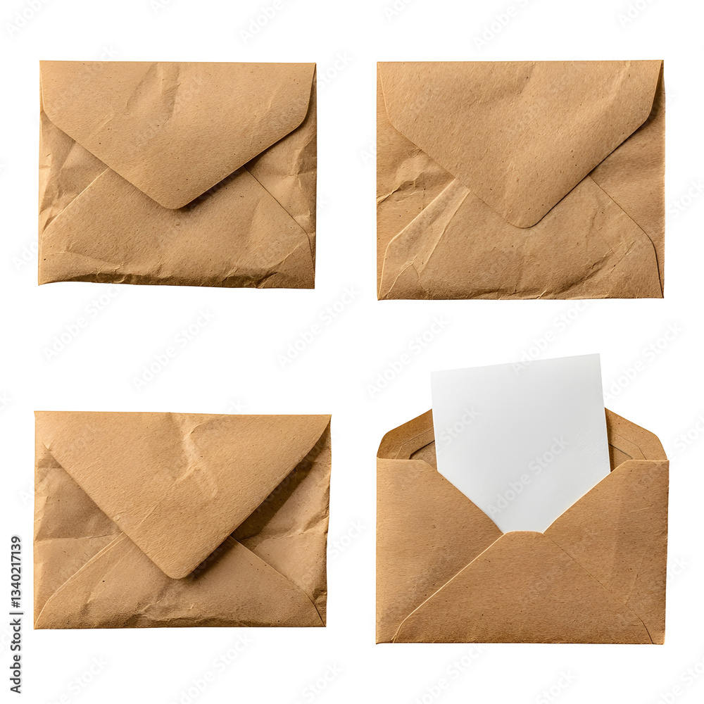 Aufkleber Neatly arranged brown envelopes in different forms   sealed opened and one with a white paper slipping out displayed on a white transparent background with no shadows or reflections