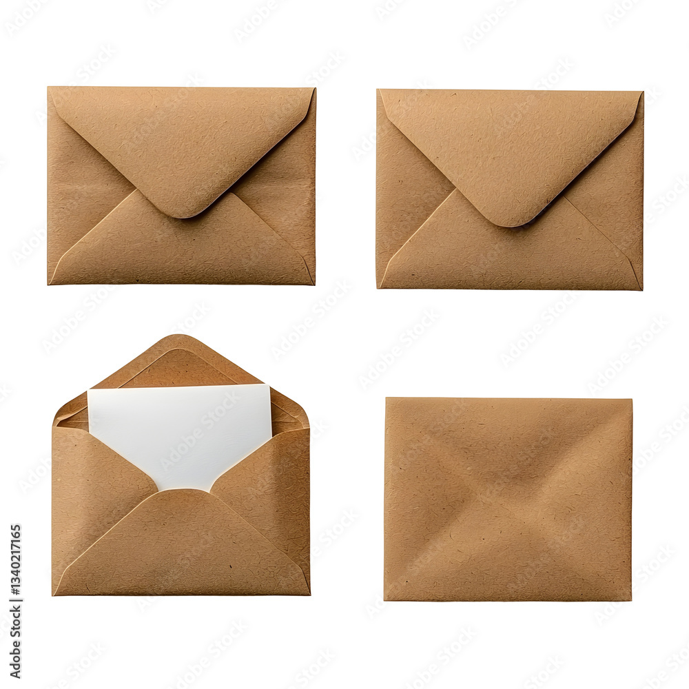 Aufkleber Neatly arranged brown envelopes in different forms   sealed opened and one with a white paper slipping out displayed on a white transparent background