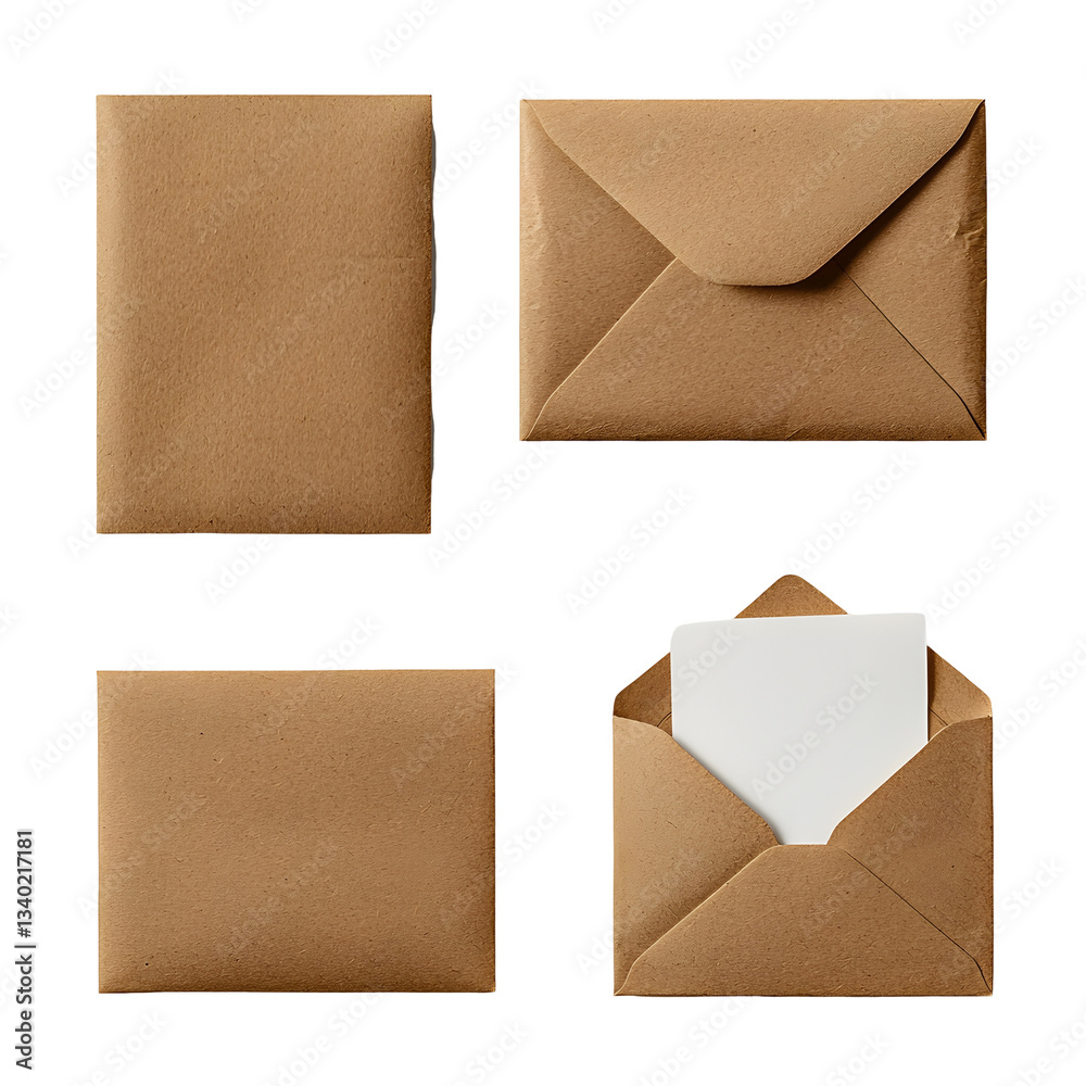 Poster A clean and organized display of sealed opened and partially opened brown envelopes on a white transparent background