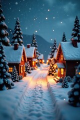 Decorative winter village with snow-covered houses and twinkling lights, winter, cozy