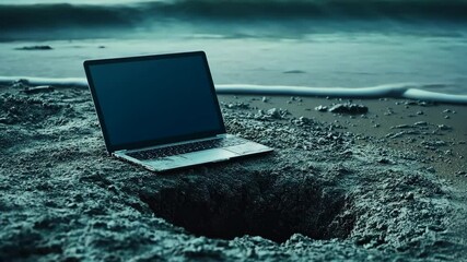 Laptop immersed in the sand at the beach creates a surreal and striking contrast during twilight hours - Powered by Adobe