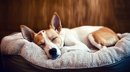 Cozy Sleeping Dog Relaxing on a Soft Bed with Brown and White Fur