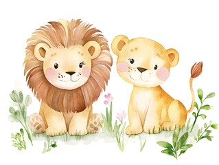Cute Watercolor Lion and Lioness Illustration