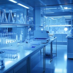 Clean modern laboratory interior with various glass beakers, flasks, and equipment on stainless steel countertops under cool blue lighting.