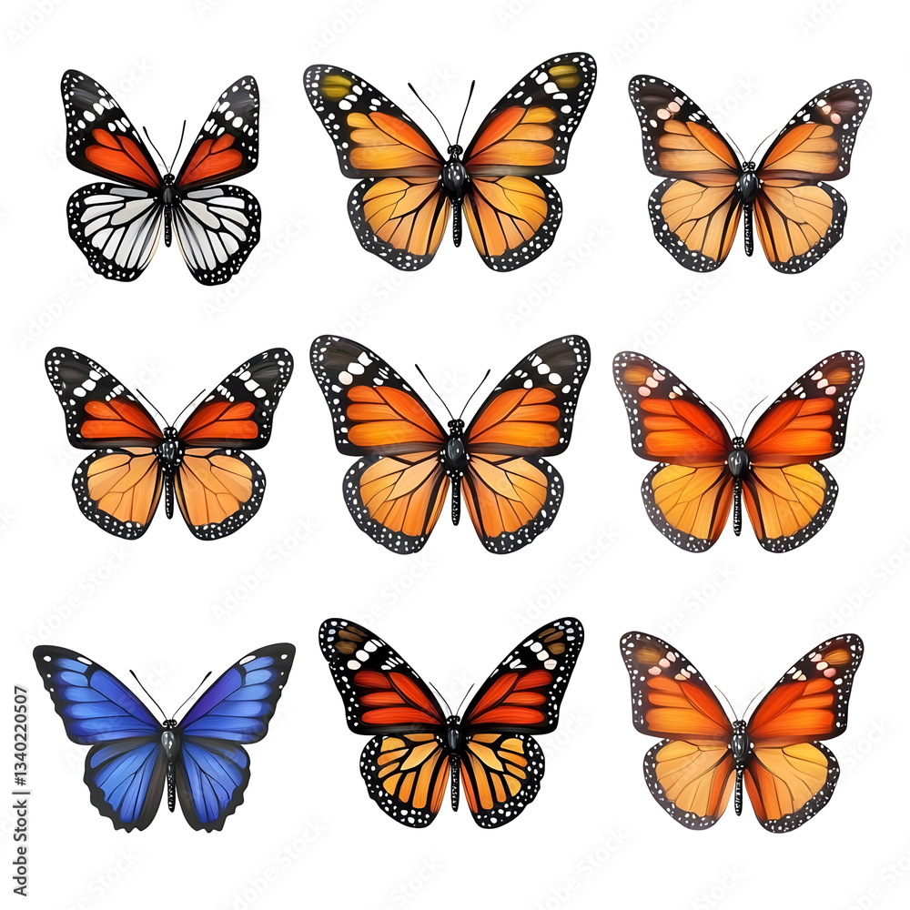 Poster This image showcases a collection of detailed butterflies with unique wing patterns and markings all perfectly cut out and displayed against a clean white transparent background for a stunning