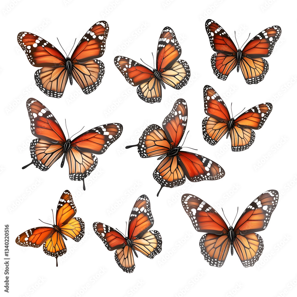 Poster a vibrant collection of monarch butterflies with intricate wing patterns and details beautifully pre