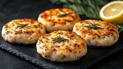 Four golden-brown fish cakes garnished with rosemary sprigs on a dark slate.