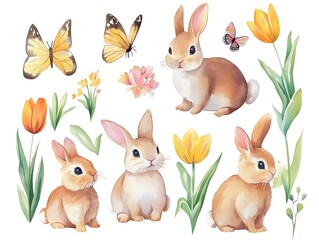 Fototapeta premium Adorable Watercolor Easter Bunnies Tulips Butterflies
