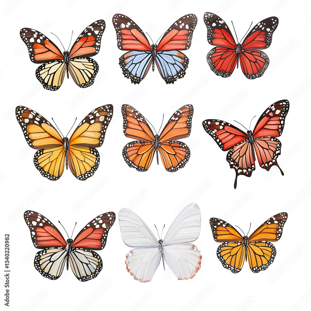 Poster a collection of beautifully detailed butterflies each displaying its own vibrant colors and intricat
