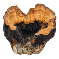 Close up of a textured weathered chaga mushroom Inonotus obliquus growing on the surface of a wooden log showcasing its unique organic and irregular pattern