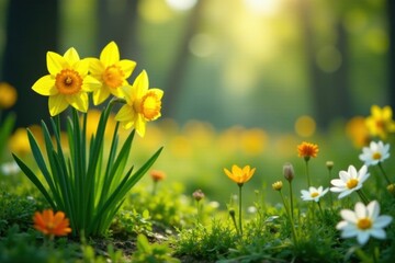 Daffodils in full bloom amidst lush greenery and wildflowers , daffodil field, new, bloom
