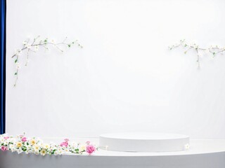 Minimalist White Product Display with Spring Flowers
