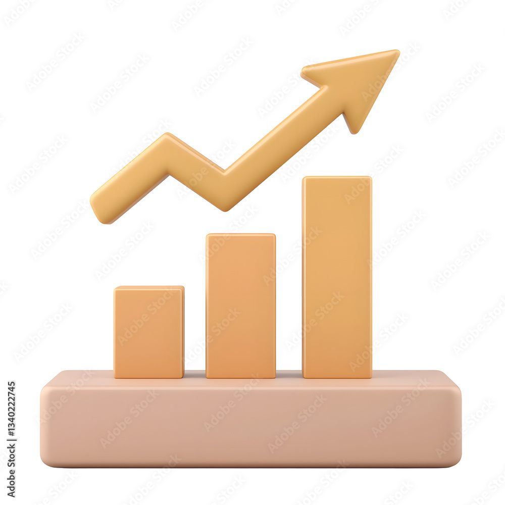 Poster upward trending 3d bar chart with a rising orange arrow symbolizing business growth success and fina