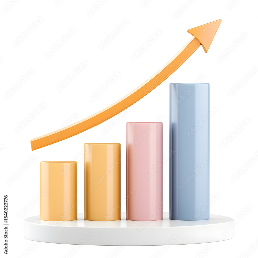 Poster a 3d bar graph with an upward pointing arrow representing a positive trend and market growth for a s