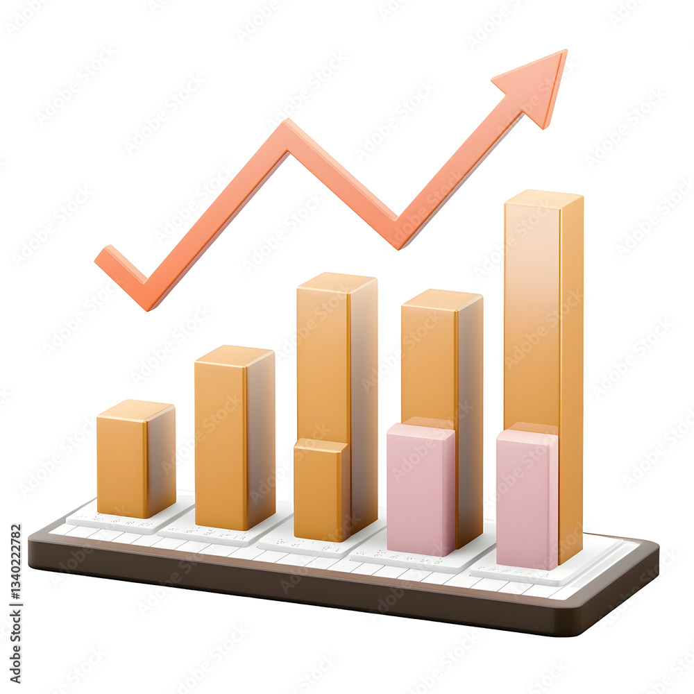 Poster This 3D bar graph with an upward pointing arrow represents positive trends market growth and successful data analysis and visualization