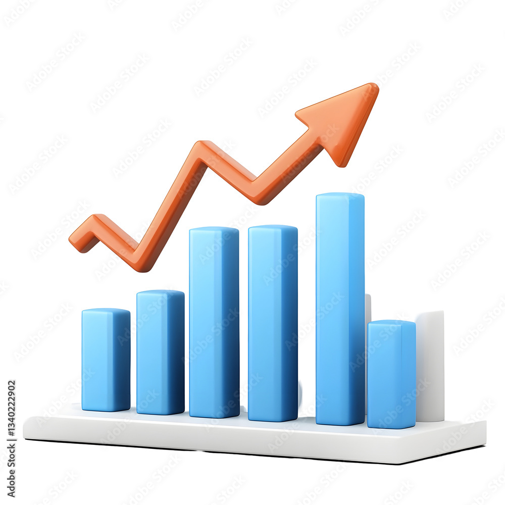 Poster detailed 3d bar chart showing an upward trend in business growth and success with an orange arrow po