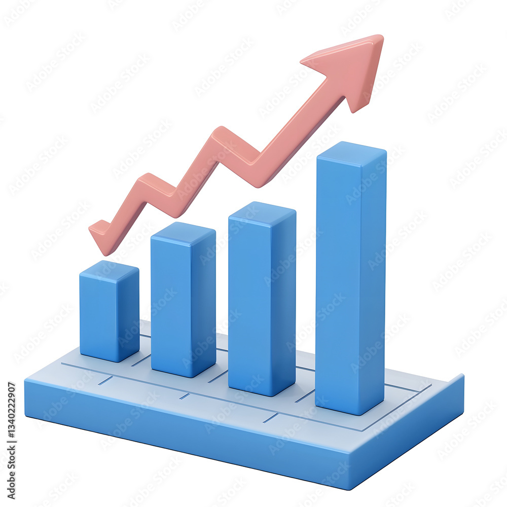 Poster A three dimensional bar chart displaying an upward trend in business growth and success symbolized by a rising red arrow