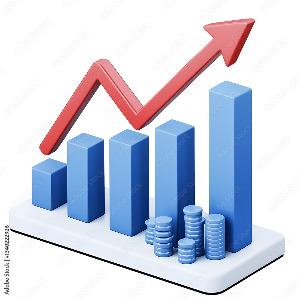Poster a three dimensional bar chart with a rising red arrow symbolizing positive business growth financial
