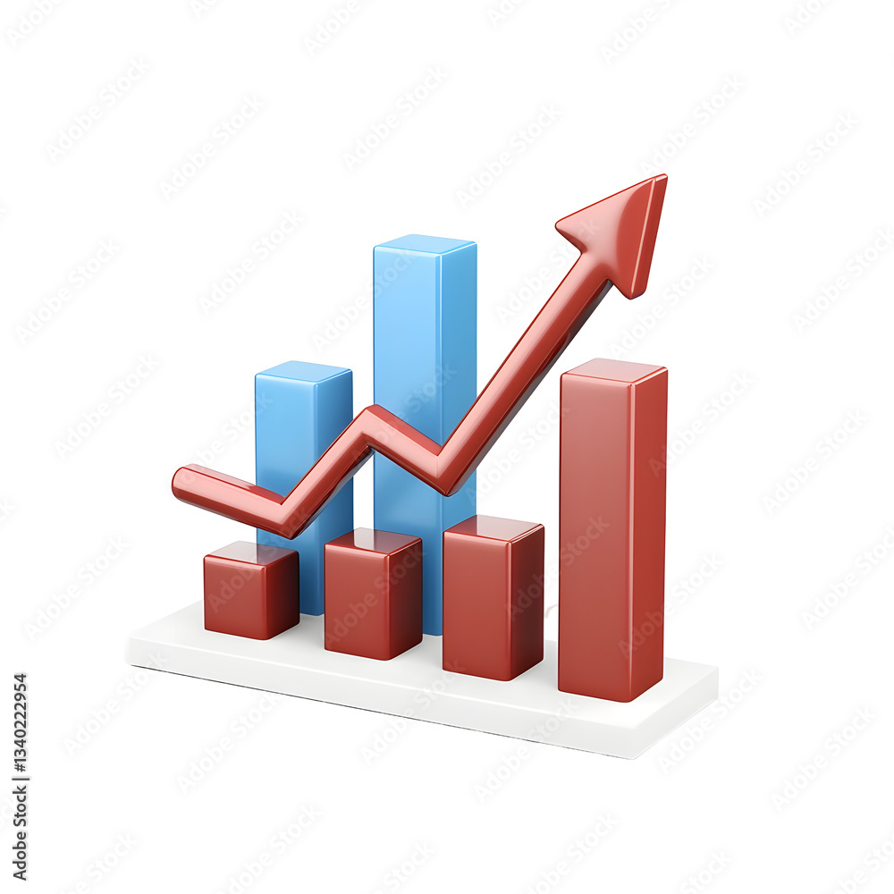 Poster a detailed 3d bar graph depicting upward trending market data and positive growth indicators on a cl