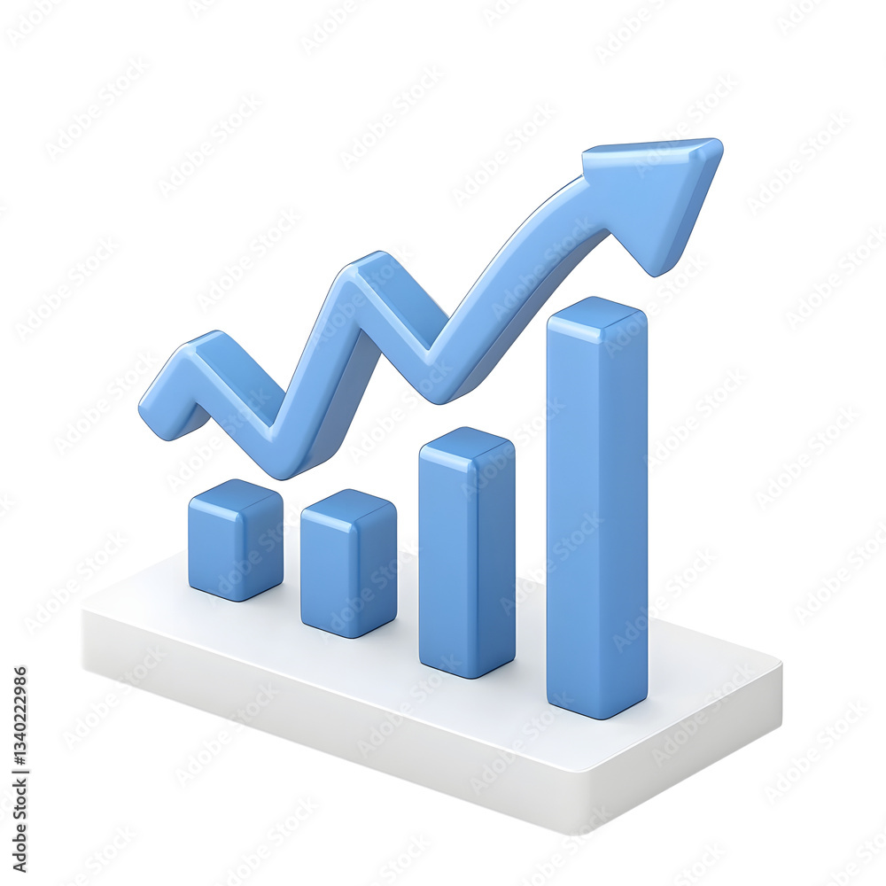 Poster a glossy 3d business bar chart with a smooth rising blue arrow showcasing financial success and impr