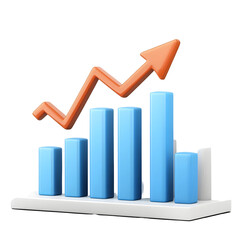 Detailed 3D bar chart showing an upward trend in business growth and success with an orange arrow pointing upwards