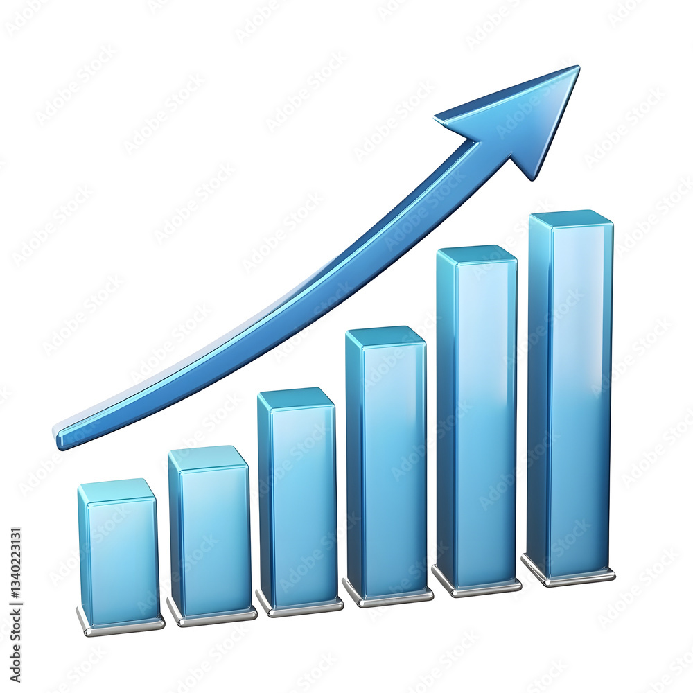 Poster A sleek 3D bar chart with a smooth upward pointing arrow symbolizing financial success business performance and positive growth trends