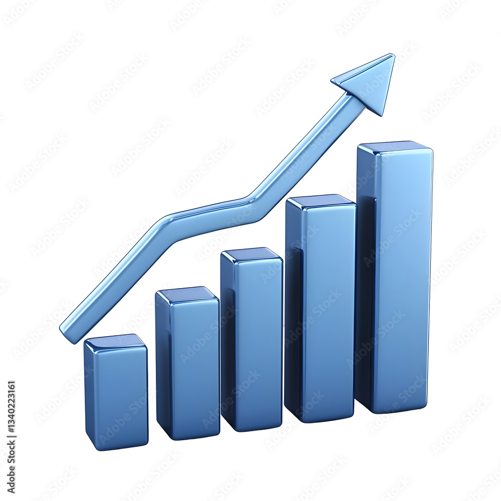 Leinwandbilder A detailed 3D bar graph depicting an upward trending growth pattern with a large blue arrow pointing upwards to represent positive market performance and development