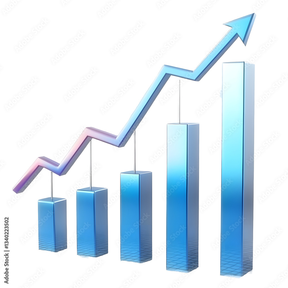 Poster A smooth and futuristic 3D bar chart with a dynamic rising arrow illustrating market progress and analytics floating on a white transparent background