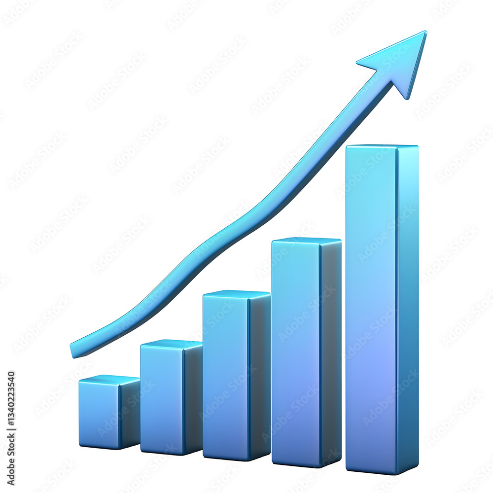 Poster A 3D business bar graph with a smooth upward pointing arrow signifying economic improvement or growth isolated on a clean white transparent background